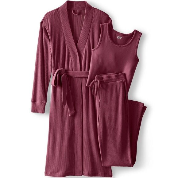 Land's End 3 piece Pajama Set Robe Sleeveless Top Long Pants Grey  Burgundy Var - Picture 1 of 11